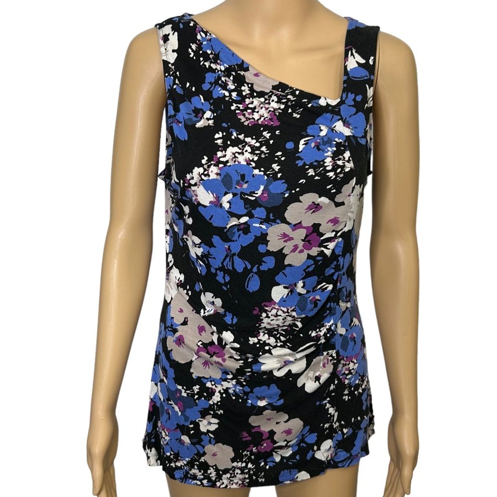 Merona Women's M Blue Floral Sleeveless Slinky Stretch Blouse Shirt